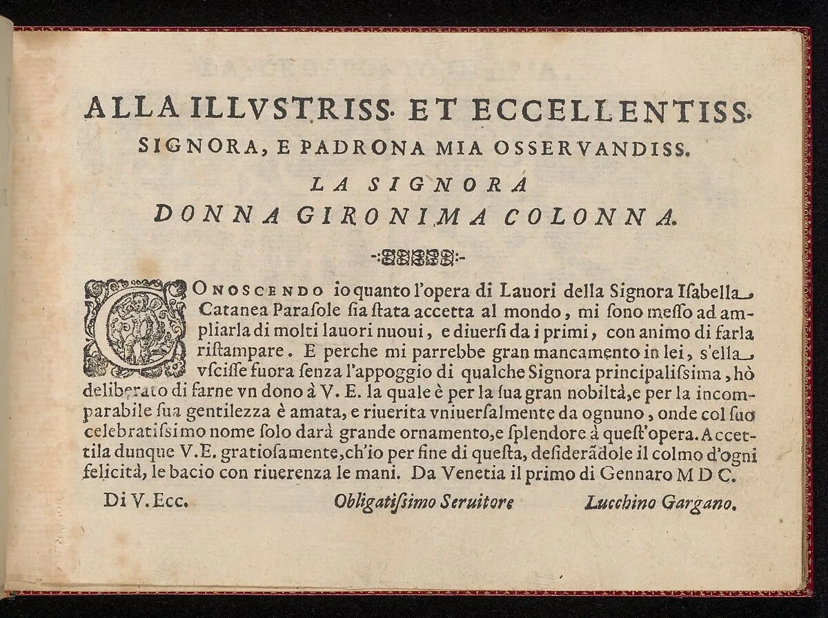 Pretiosa Gemma delle virtuose donne, page 2 (recto) — Isabella Catanea Parasole|Gargano|Hardy-Mennil