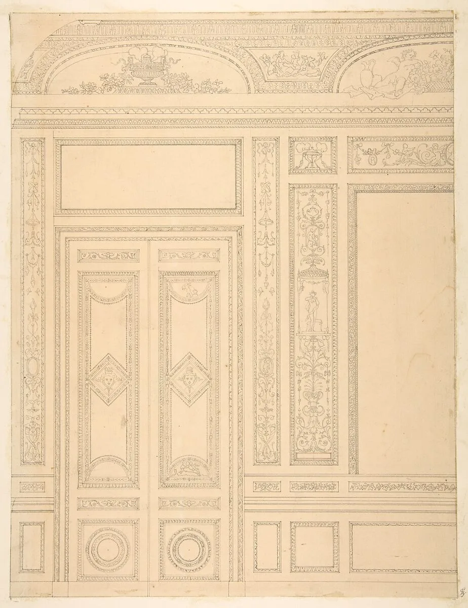 Elevation of an interior showing a paneled wall and double doors decorated in rococco sty.e — Jules-Edmond-Charles Lachaise|Eugène-Pierre Gourdet