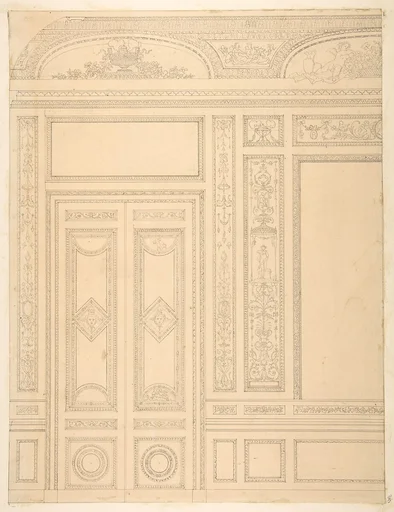 Elevation of an interior showing a paneled wall and double doors decorated in rococco sty.e