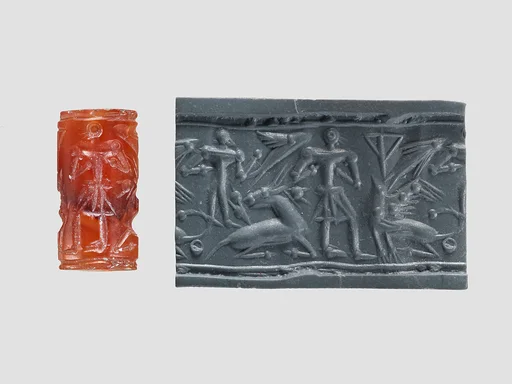Cylinder seal and modern impression: man, goat, griffin, nude figure, and "impaled triangle"