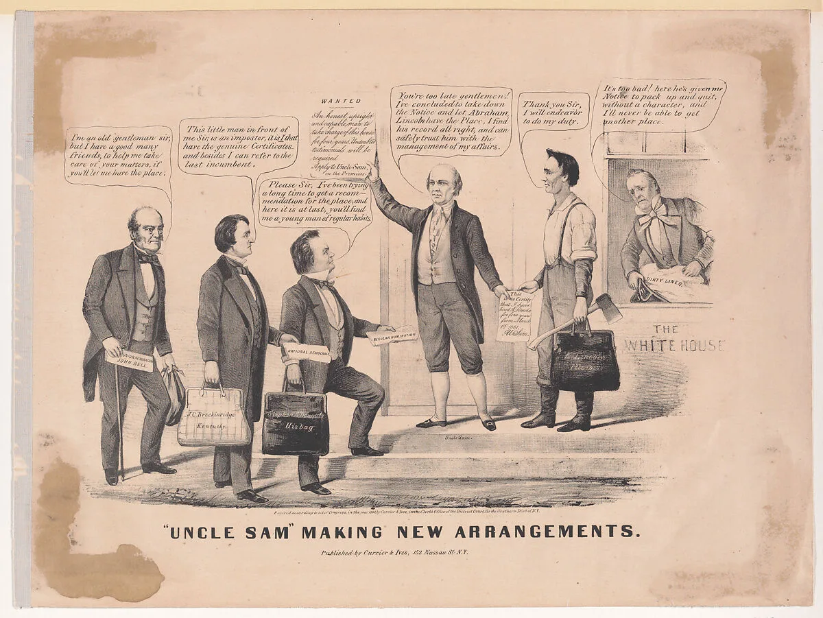 "Uncle Sam" Making New Arrangements — Stephen Arnold Douglas|Currier & Ives|John Bell|John C. Breckinridge|Louis Maurer|James Buchanan, Jr.|Abraham Lincoln