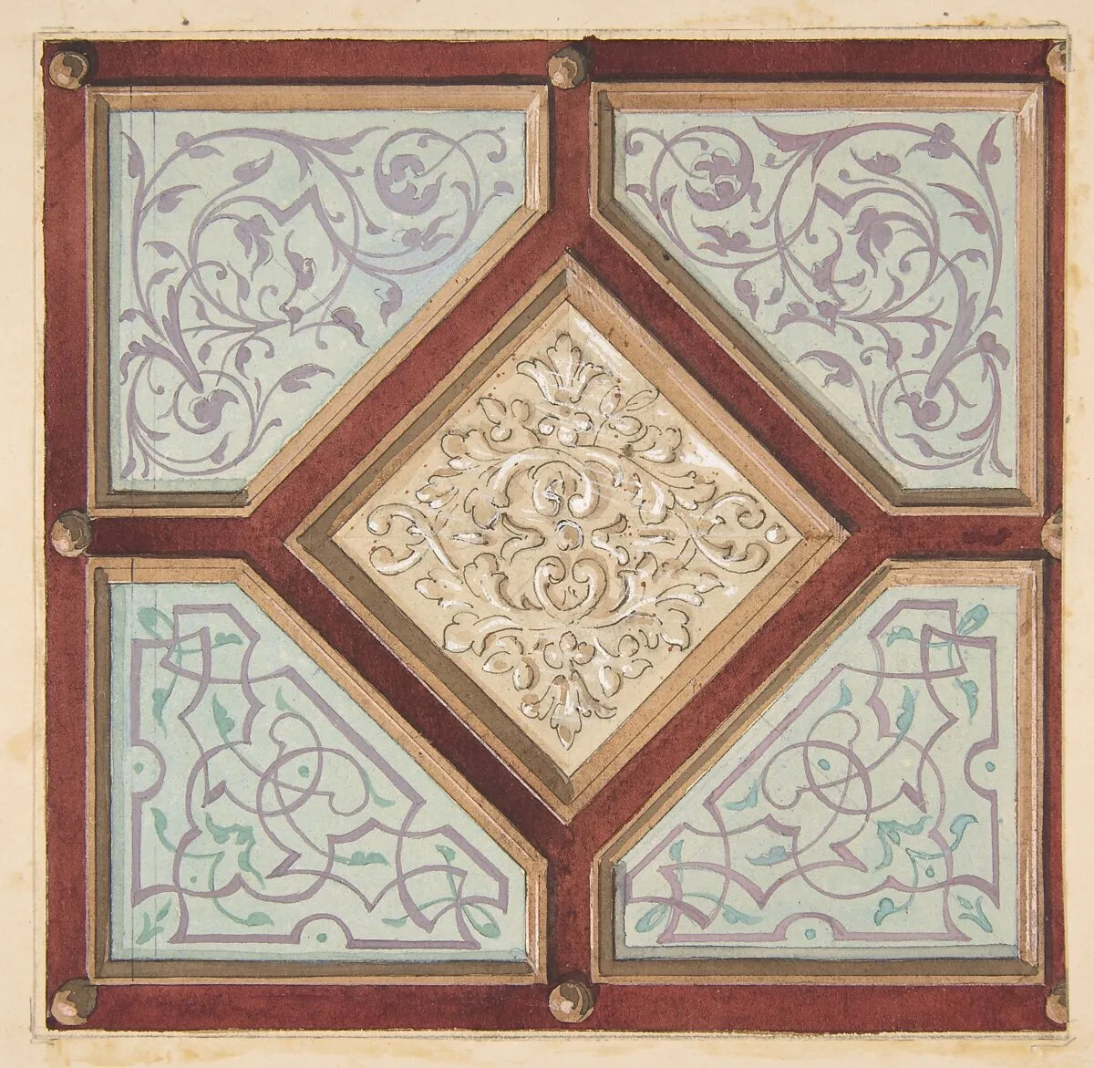 Design for a coffered ceiling with alternative decorative patterns — Jules-Edmond-Charles Lachaise|Eugène-Pierre Gourdet