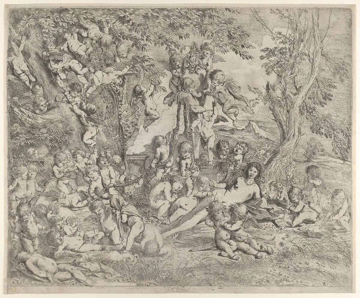 The Garden of Venus who reclines in the centre before a term of Pan and surrounded by cupids — Pietro Testa