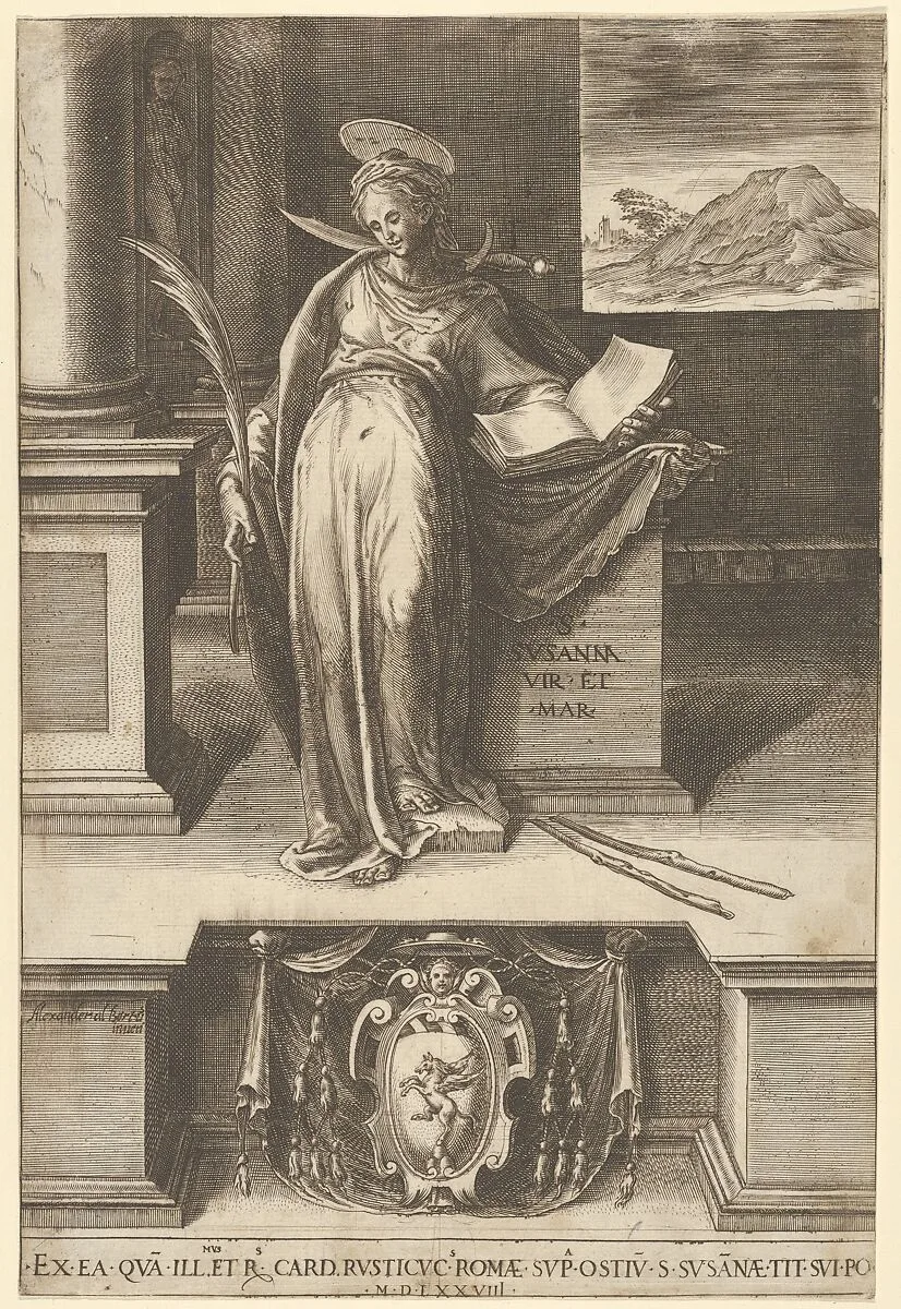 Saint Susanna in an interior holding an open book in her left hand, a palm in her right, a landscape visible through a window at right and at bottom center a coat of arms — Cherubino Alberti (Zaccaria Mattia)|Alessandro Alberti