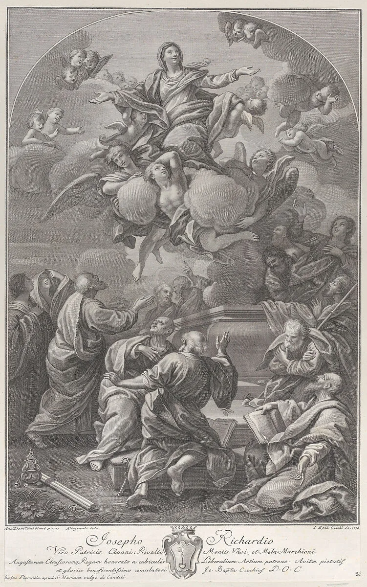 The Assumption of the Virgin, who rises from the tomb surrounded by Apostles — Ranieri Allegranti|Giovanni Battista Cecchi|Anton Domenico Gabbiani