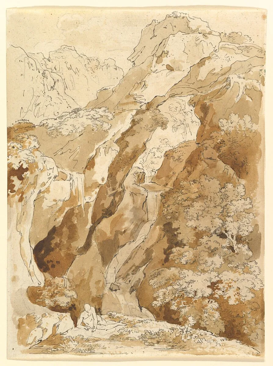 Reclining Man in a Mountainous Landscape with Waterfalls — Johann Georg von Dillis