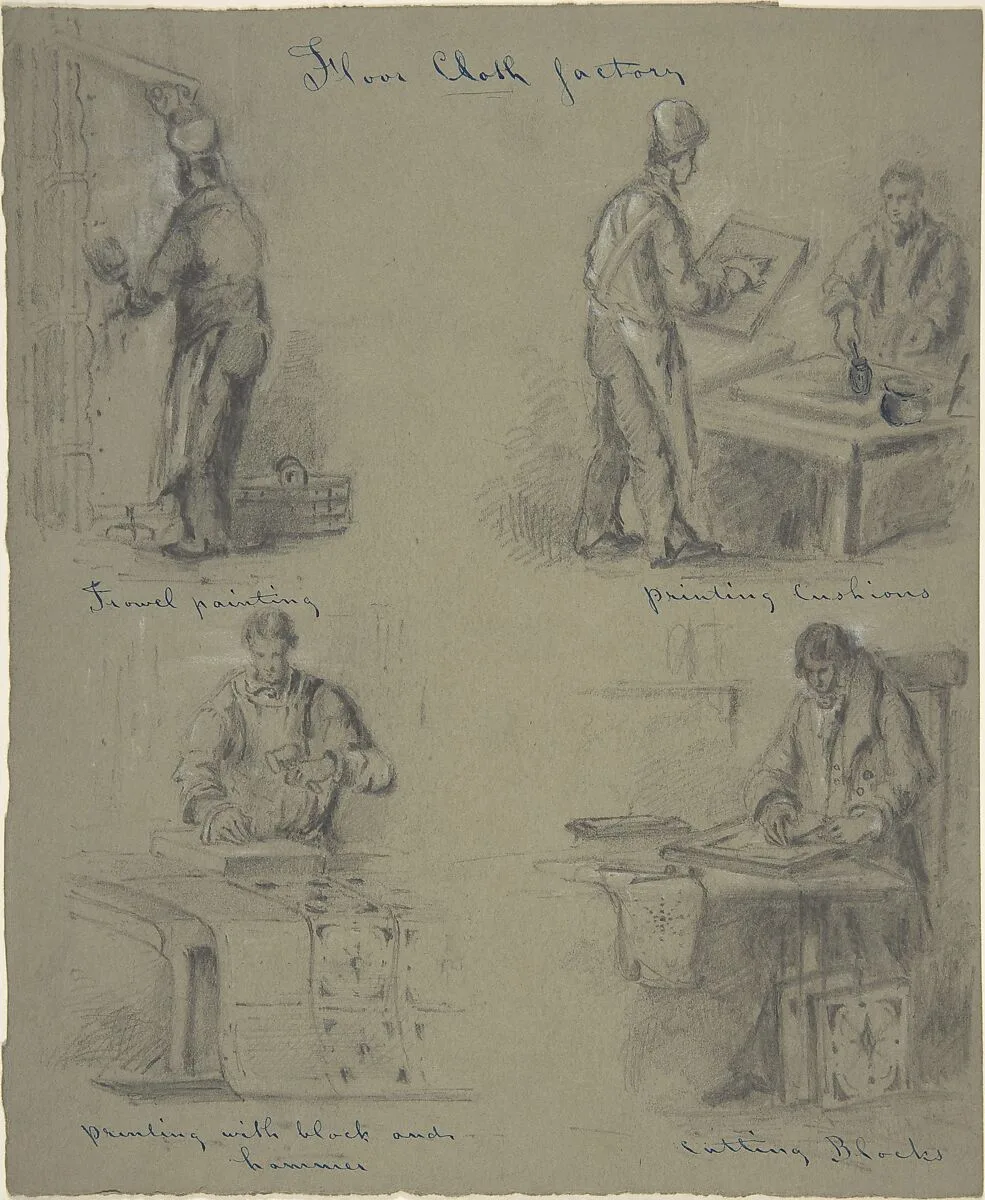 Four drawings showing the manufacture of floor cloth — Anonymous, British, 19th century