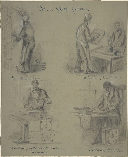 Four drawings showing the manufacture of floor cloth