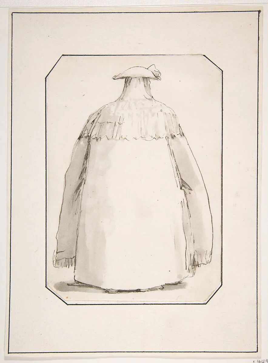 Caricature of a Fat Person Wearing a Long Cloak and a Tricorne, Seen from Behind — Giovanni Battista Tiepolo