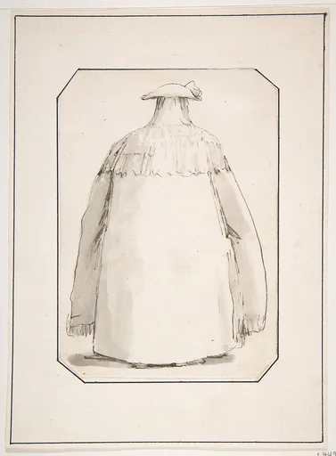 Caricature of a Fat Person Wearing a Long Cloak and a Tricorne, Seen from Behind