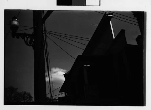 [Three 35mm Film Frames: Jigsaw Trim Roofline of Saake's Drugstore with Streetlight and Power Lines, Probably Millerton, New York]