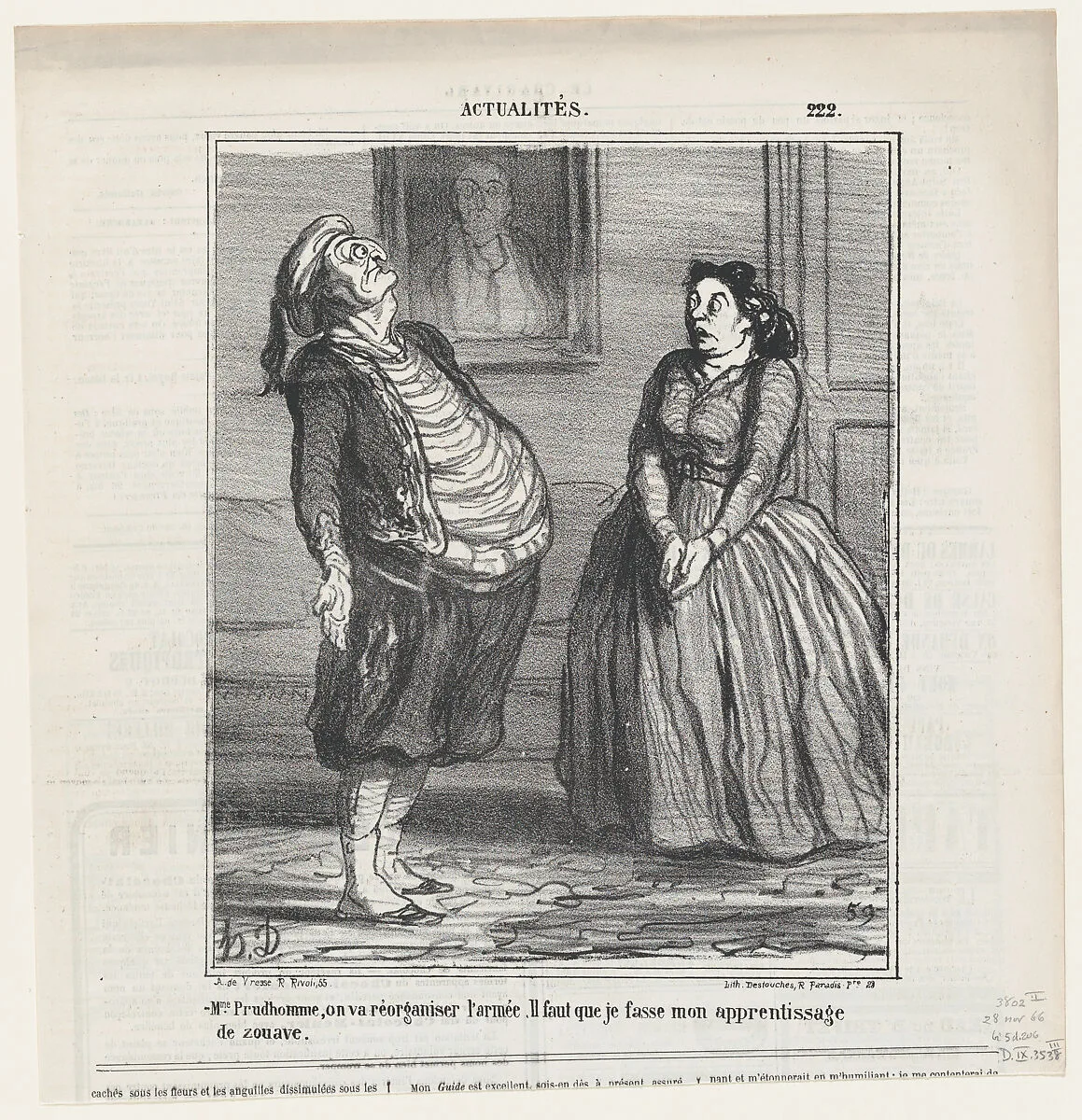 Madame Prudhomme, they are reorganizing the army. It is only right that I serve my duty as a Zouave, from 'News of the day,' published in Le Charivari, November 28, 1866 — Arnaud de Vresse|Honoré Daumier|Destouches