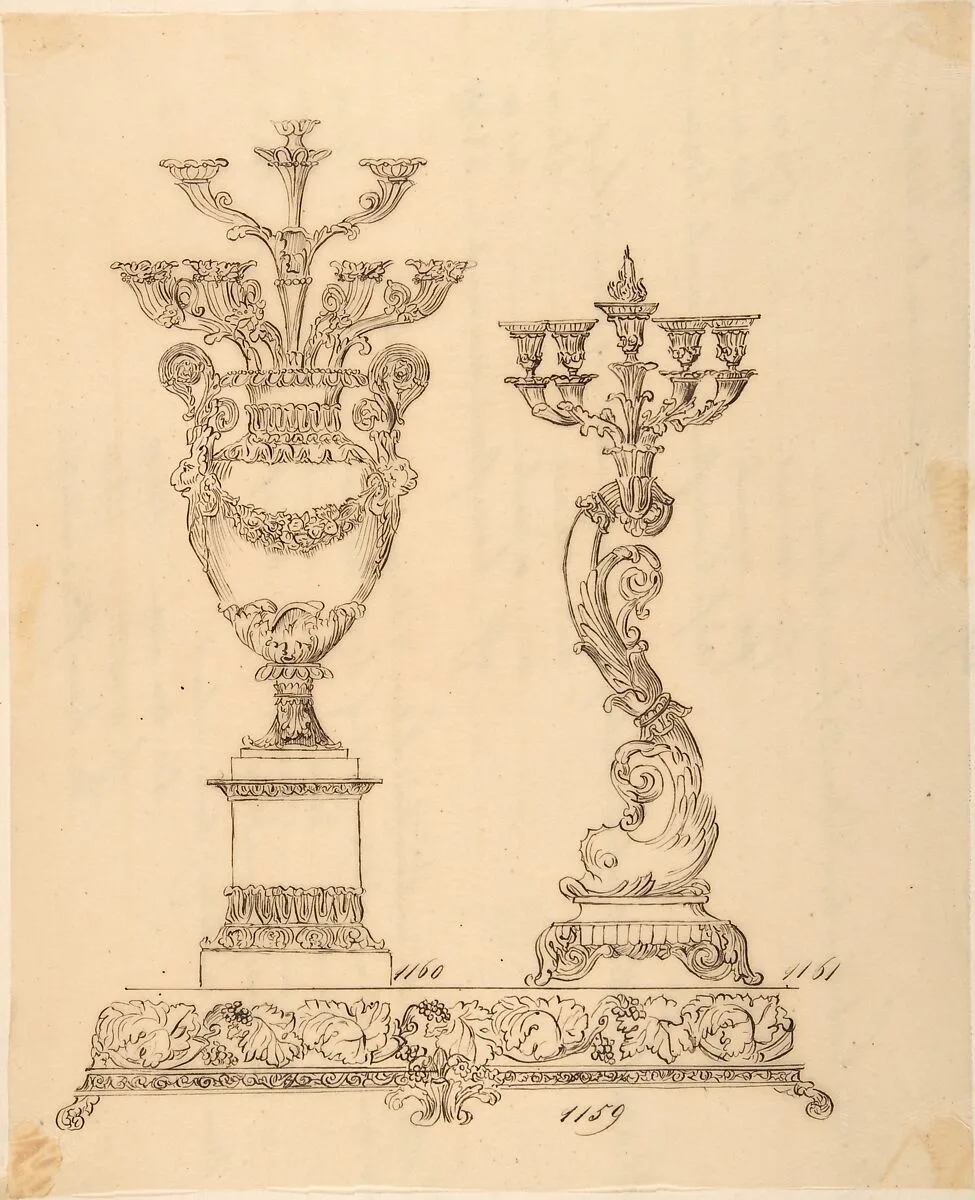 Designs for Two Candelabras and a Pedestal — Anonymous, French, 19th century