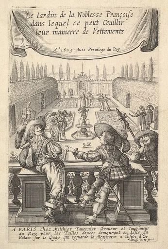 Three Gentlemen Leaning on a Banister Overlooking a Garden where Lovers Stroll, from "The Garden of the French Nobles In Which One Can Pick Up Their Way of Dressing"