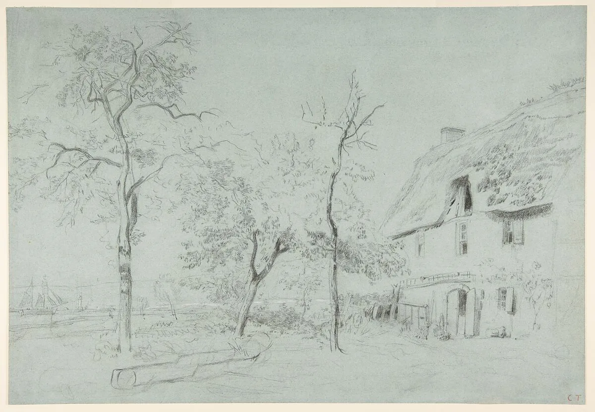 A Farmhouse with a Thatched Roof and Trees Beside a River — Constant Troyon