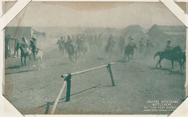 Indians attacking settlement in "The Pony Express" from Western Stars or Scenes Exhibit Cards series (W412) — Unknown