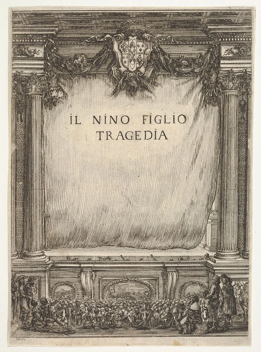 Title page for 'The Child Nino' (Il Nino Figlio), a stage with the curtain drawn, the coat of arms of the duke of Modena at top center, spectators below — Stefano della Bella