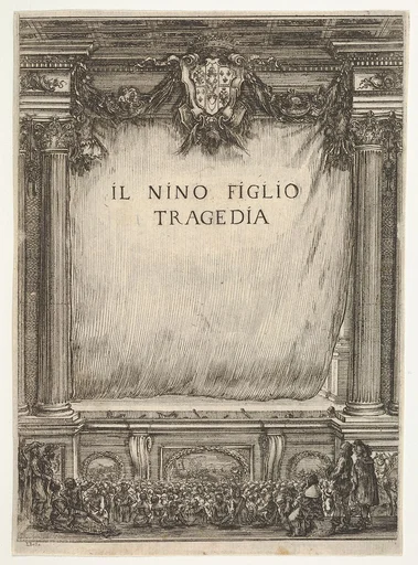 Title page for 'The Child Nino' (Il Nino Figlio), a stage with the curtain drawn, the coat of arms of the duke of Modena at top center, spectators below
