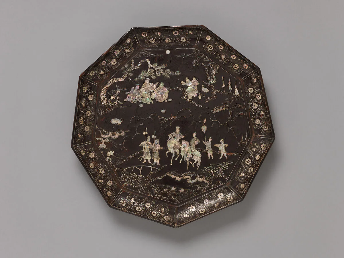 元 黑漆嵌螺鈿人物故事圖九方盤|Tray with figures in a landscape — Unknown