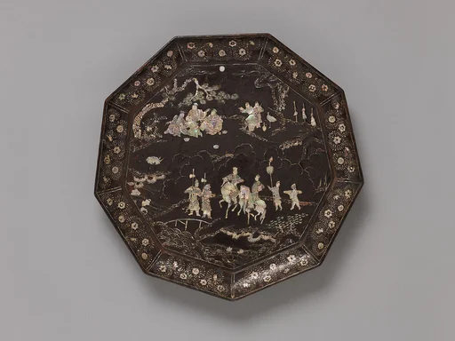 元 黑漆嵌螺鈿人物故事圖九方盤|Tray with figures in a landscape