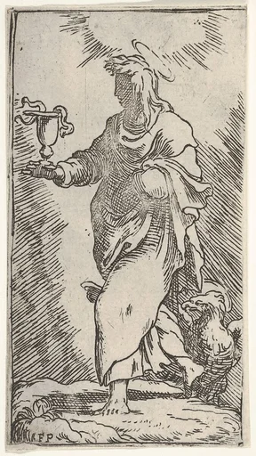 St. John the Evangelist, striding in three-quarter view toward the left and holding a chalice with snakes in his right hand, an eagle stands behind his right leg