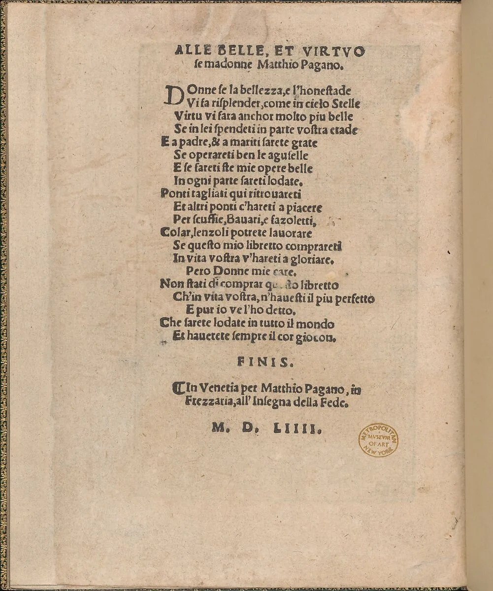 Ornamento delle belle & virtuose donne, page 24 (verso) — Matteo Pagano|Lloyd, Wallis & Lloyd