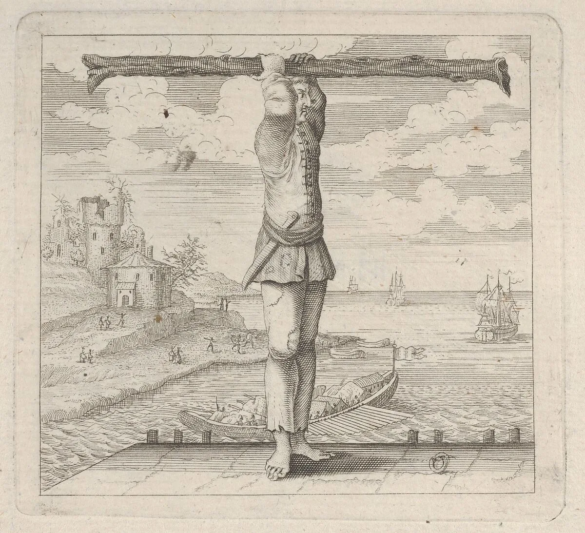 The letter T standing on a pier holding a tree trunk — Anonymous, Italian, Bolognese 18th century artist