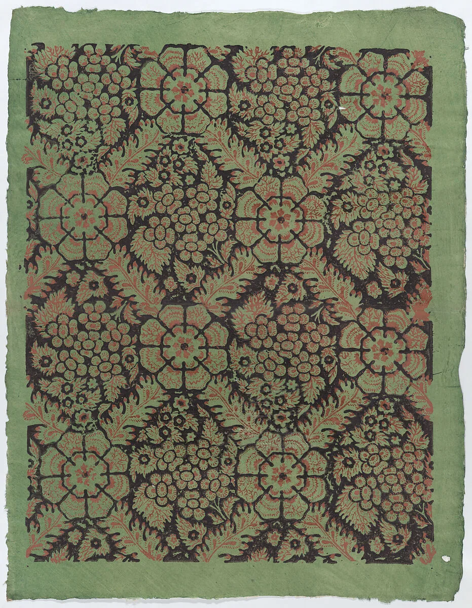 Sheet with overall floral pattern on green background — Remondini Family|Anonymous
