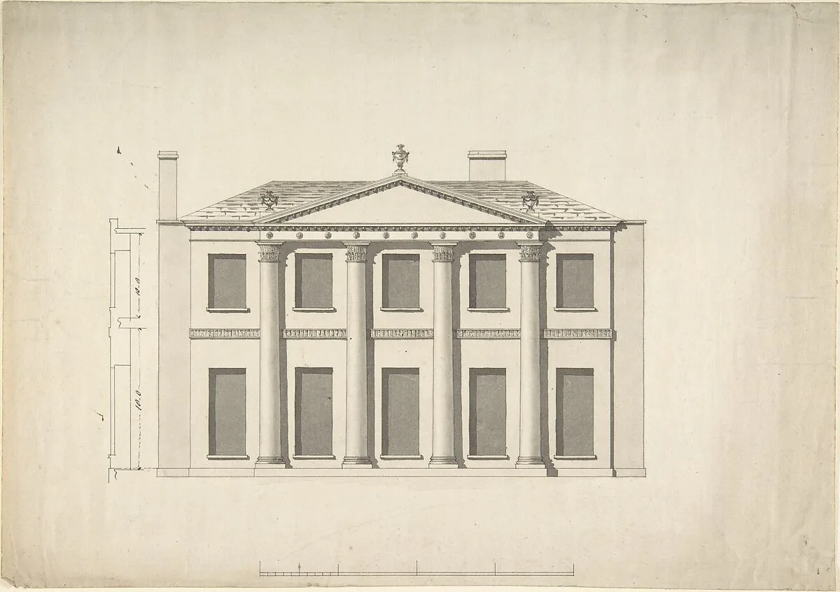 Design for a Building Facade of Two Storeys and Five Bays, with a Pediment and an Adamesque Portico, Elevation and Wall Plan — Anonymous, British, 18th century