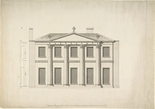 Design for a Building Facade of Two Storeys and Five Bays, with a Pediment and an Adamesque Portico, Elevation and Wall Plan