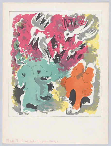 Plate 7: composition of hybrid human and animal forms, two figures lower right, from the 'Popul-Vuh' — Talleres Gráficos de la Nación, Mexico, D.F.|Carlos Mérida