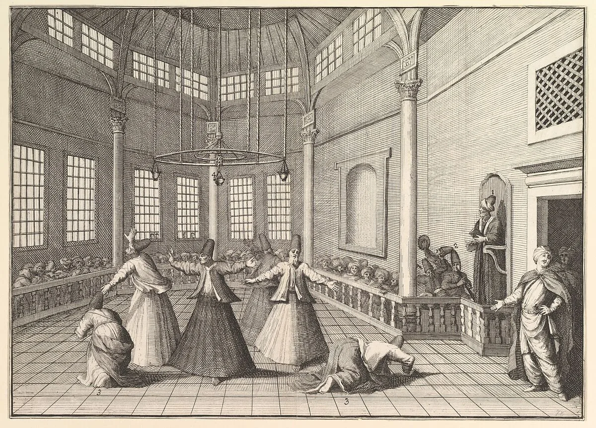 The Inside of a Mosque, the Dervishes Dancing (Aubry de La Mottraye's "Travels throughout Europe, Asia and into Part of Africa...," London, 1724, vol. I, pl. 16) — Gérard Jean-Baptiste Scotin|William Hogarth|Aubry de La Mottraye|Jean Baptiste Vanmour