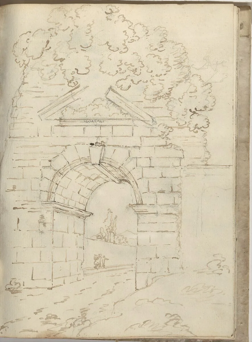 Roman Arch with Road Below and Trees Above (Smaller Italian Sketchbook, leaf 34 recto) — Joseph Wright (Wright of Derby)