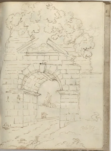 Roman Arch with Road Below and Trees Above (Smaller Italian Sketchbook, leaf 34 recto)