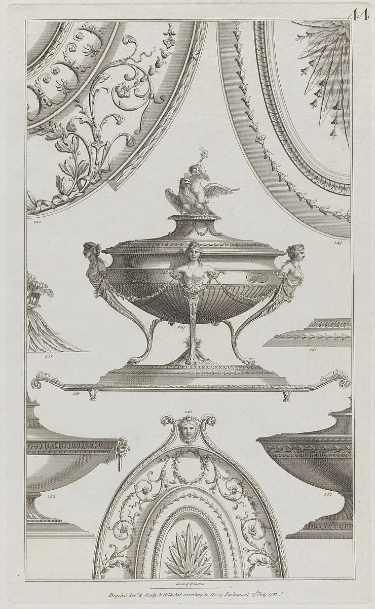 Vases and Vessels, nos. 248–254, plate 44 from "Designs for Various Ornaments" — Michelangelo Pergolesi