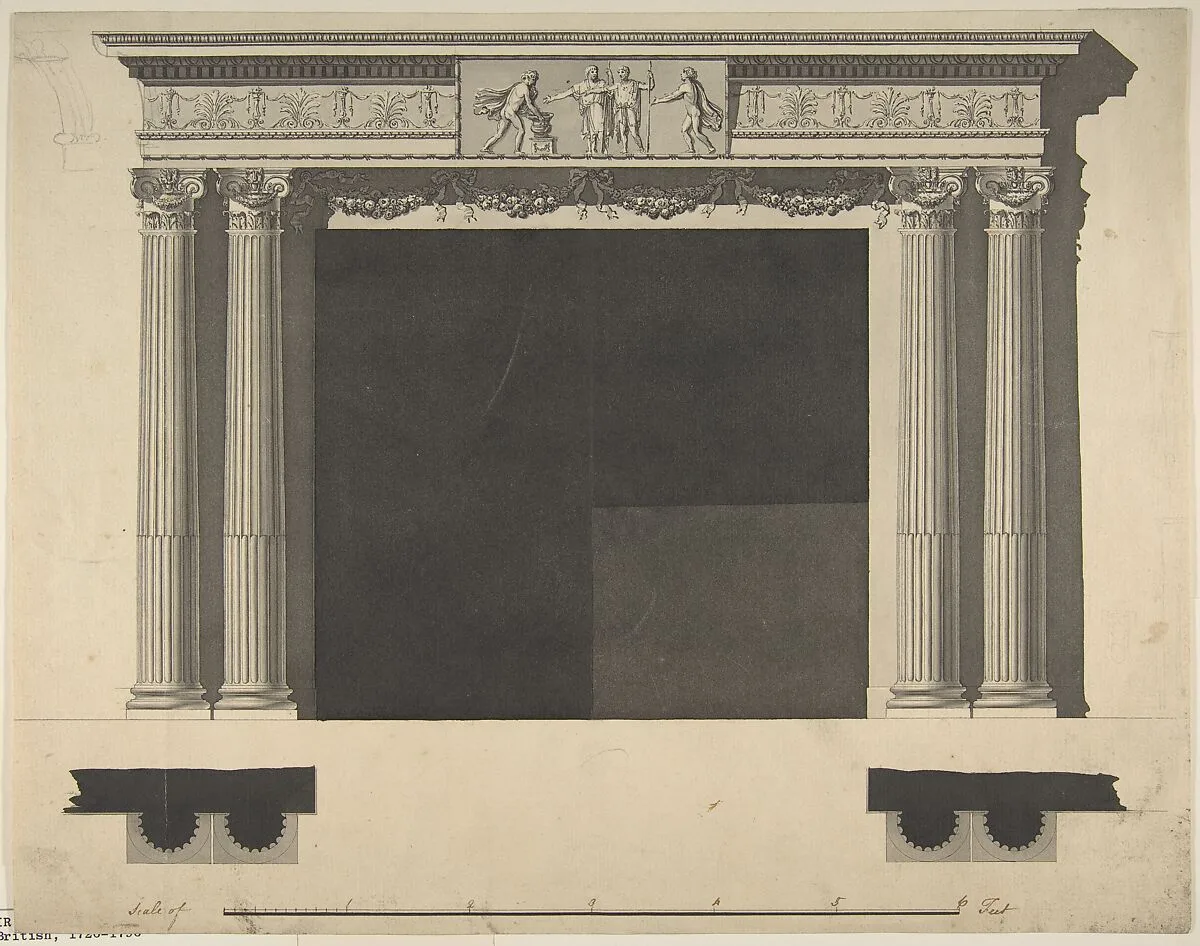Design for a Chimneypiece with Ionic columns, a Frieze, and Cornice — Sir William Chambers