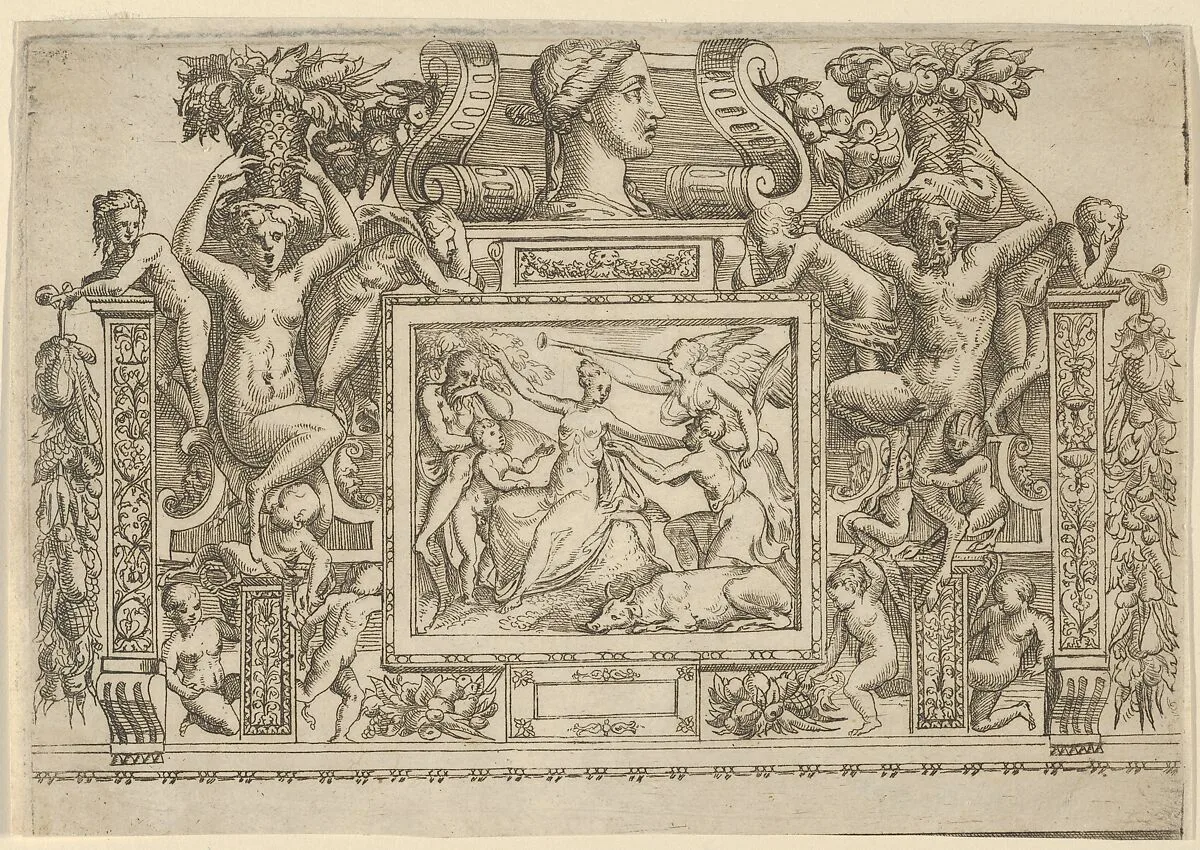 Woman seated with arms outstretched, personification of Fame with trumpet at right, set within an elaborate frame — Andrea Schiavone (Andrea Meldola)|Battista Angolo del Moro|Jacques Androuet Du Cerceau