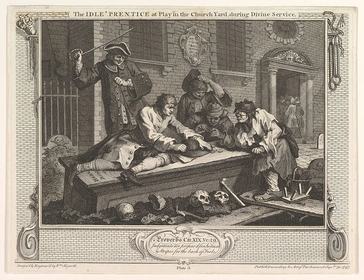 The Idle 'Prentice at Play in the Church Yard (Industry and Idleness, plate 3) — William Hogarth