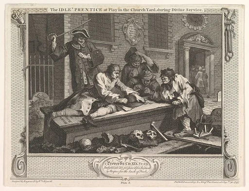 The Idle 'Prentice at Play in the Church Yard (Industry and Idleness, plate 3)