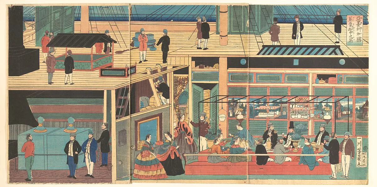Amerika koku jōkisen naka no zu|Interior of an American Steamship — Utagawa Yoshikazu