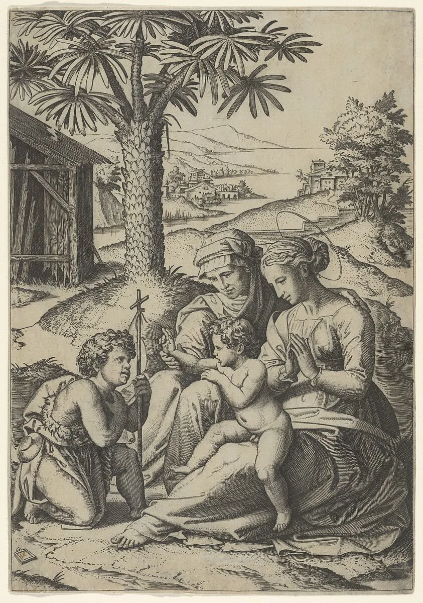 The Virgin and Child with St. Elizabeth and John the Baptist, called 'The Virgin of the Palm Tree' — Marcantonio Raimondi|Raphael (Raffaello Sanzio or Santi)