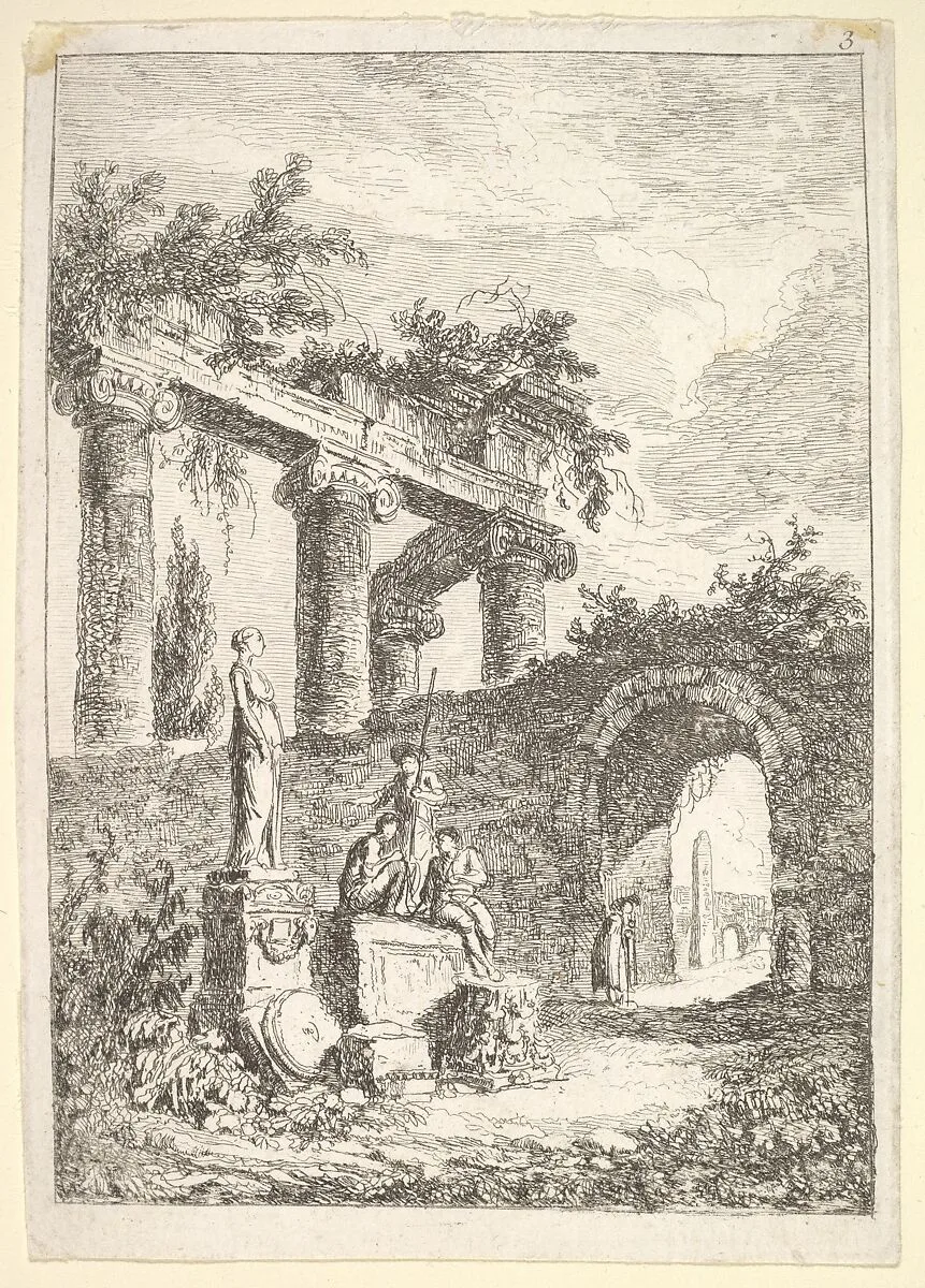 Plate 3: The Statue Before the Ruins: a statue to left next to three figures on a pedestal, a beggar standing in an archway to right, four columns and the remains of an entablature to top left, from "Les soirées de Rome" — Hubert Robert