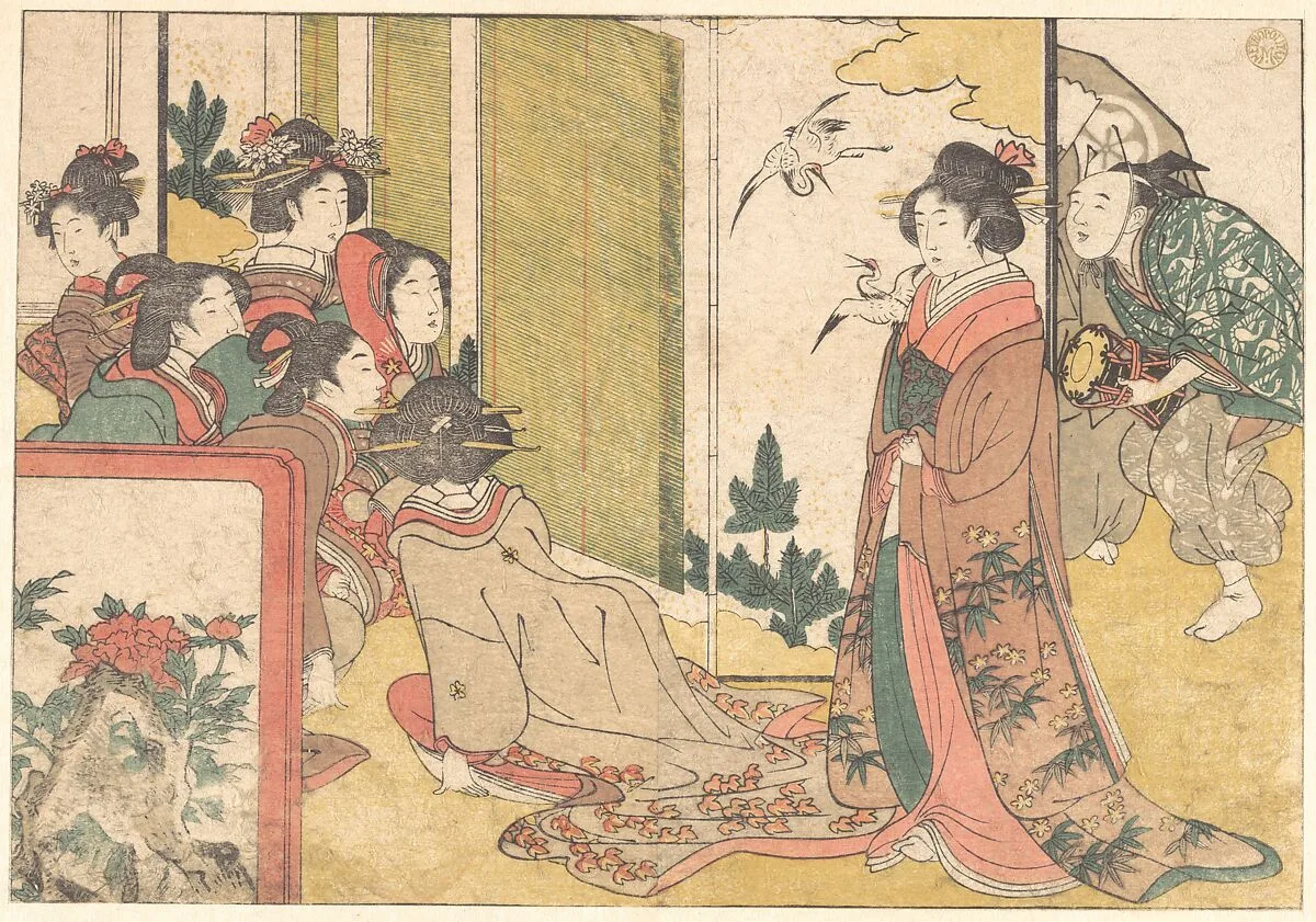 四季の花|Girls Entertained by Performers, from the illustrated book Flowers of the Four Seasons — Kitagawa Utamaro