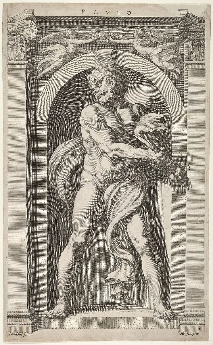 Pluto; on verso sketches of a figure, four heads, and a column — Hendrick Goltzius|Polidoro da Caravaggio