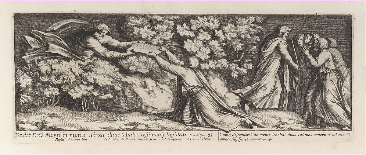 Moses receiving the tablets of the law on Mount Sinai, after Raphael's Stanza di Eliodoro, from a series of 15 plates, depicting Raphael's works for the Vatican stanze and the Sistine Chapel tapestries — Pietro Santi Bartoli|Raphael (Raffaello Sanzio or Santi)|Giovanni Giacomo De Rossi
