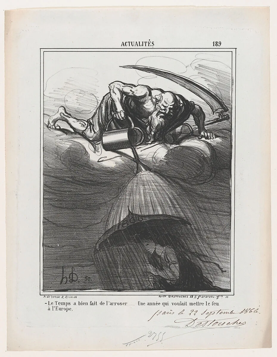 Thank God for the rain... especially since Europe was almost set on fire, from 'News of the day,' published in Le Charivari, October 8, 1866 — Arnaud de Vresse|Destouches|Honoré Daumier