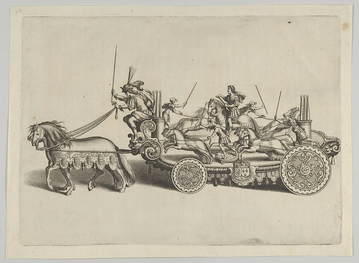 Design for a float, from 'Éloges et discours sur la triomphante réception du Roy en sa ville de Paris ...' by Jean-Baptiste de Machault — Pierre Firens I|Abraham Bosse|Jean-Baptiste de Machault|Melchior Tavernier