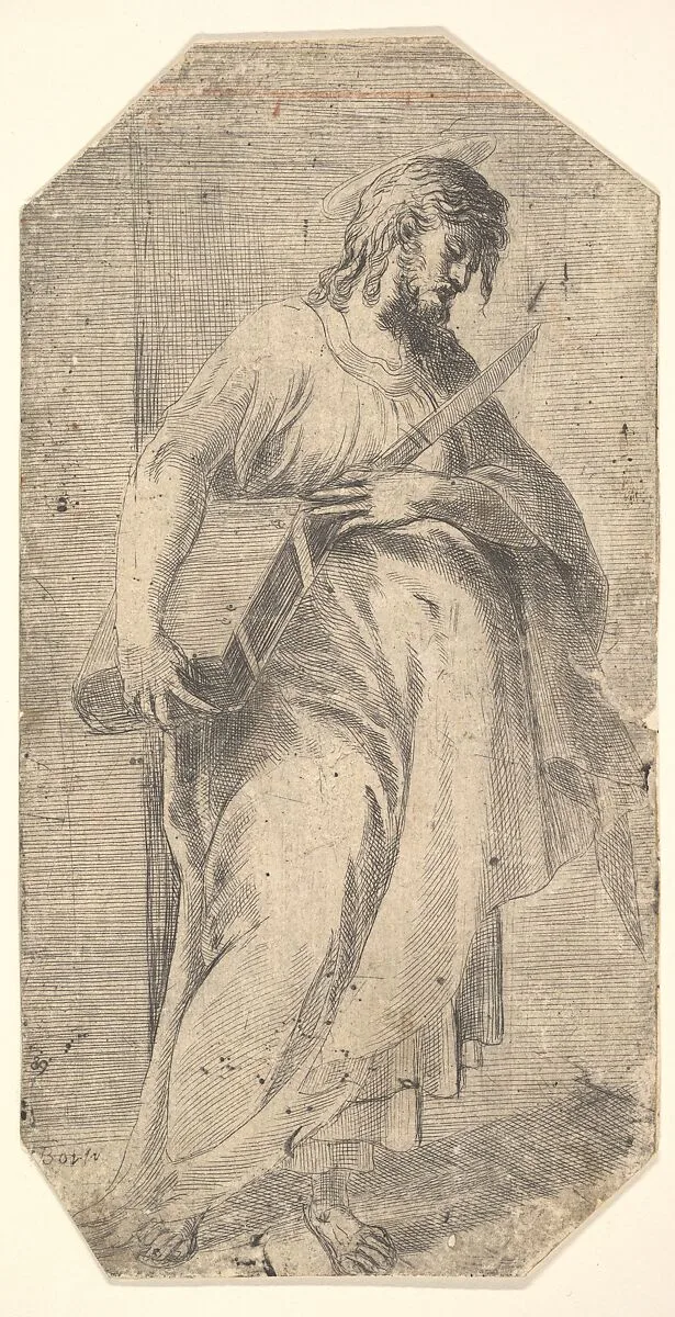 Saint Bartholomew facing right, book under his right arm, knife in his left hand, from "Christ and the Apostles" — Andrea Schiavone (Andrea Meldola)