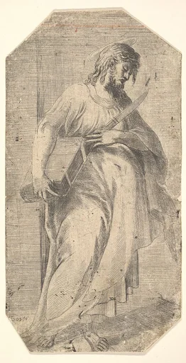 Saint Bartholomew facing right, book under his right arm, knife in his left hand, from "Christ and the Apostles"