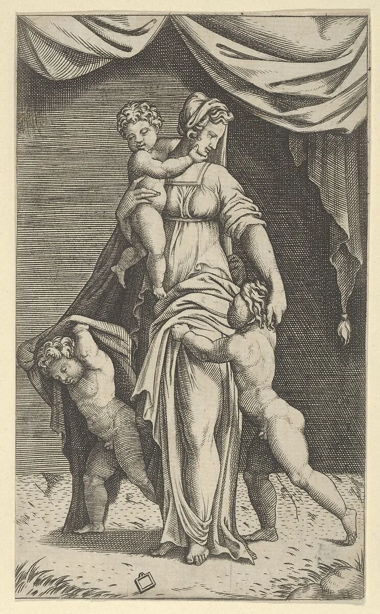 Charity personified by a woman with three children — Anonymous|Marcantonio Raimondi